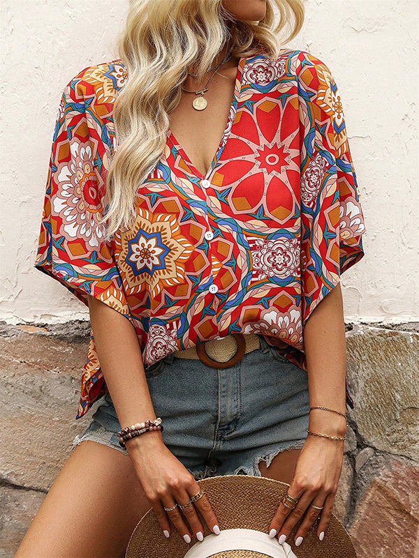 Batwing Sleeves Loose Buttoned Flower Print V-Neck Blouses&Shirts Tops