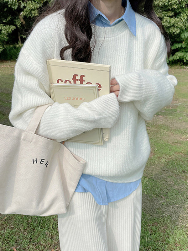 Long Sleeves Loose Solid Color Round-Neck Pullovers Sweater Tops