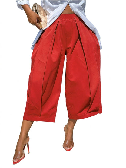 Solid Color Pockets Pleated Wide Leg Loose Pants