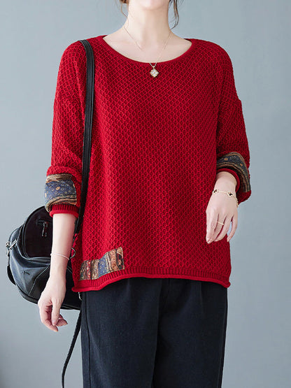 Long Sleeves Loose Printed Split-Joint Round-Neck Pullovers Sweater Tops