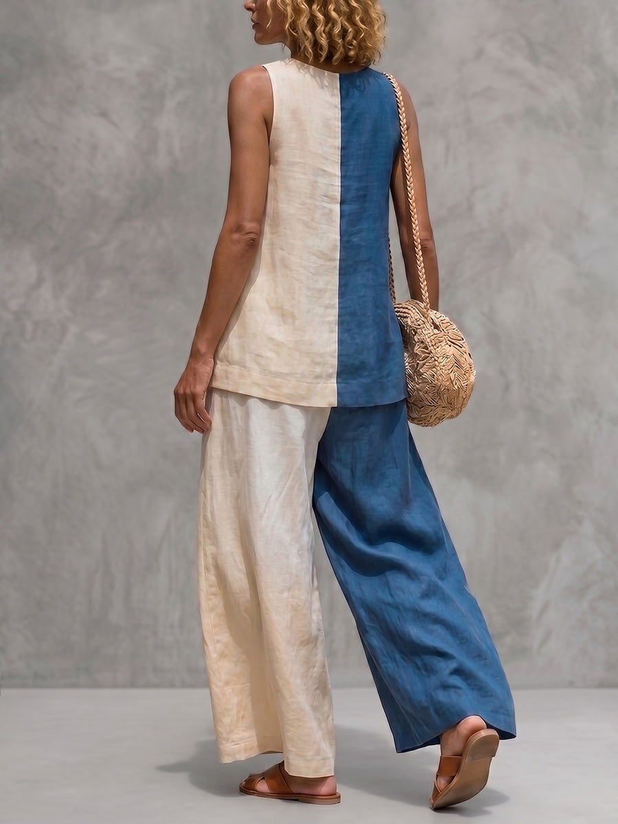 Loose Sleeveless Contrast Color Round-Neck Blouses&Shirts Tops + Pleated Pockets Casual Trousers Pants Bottoms Two Pieces Set
