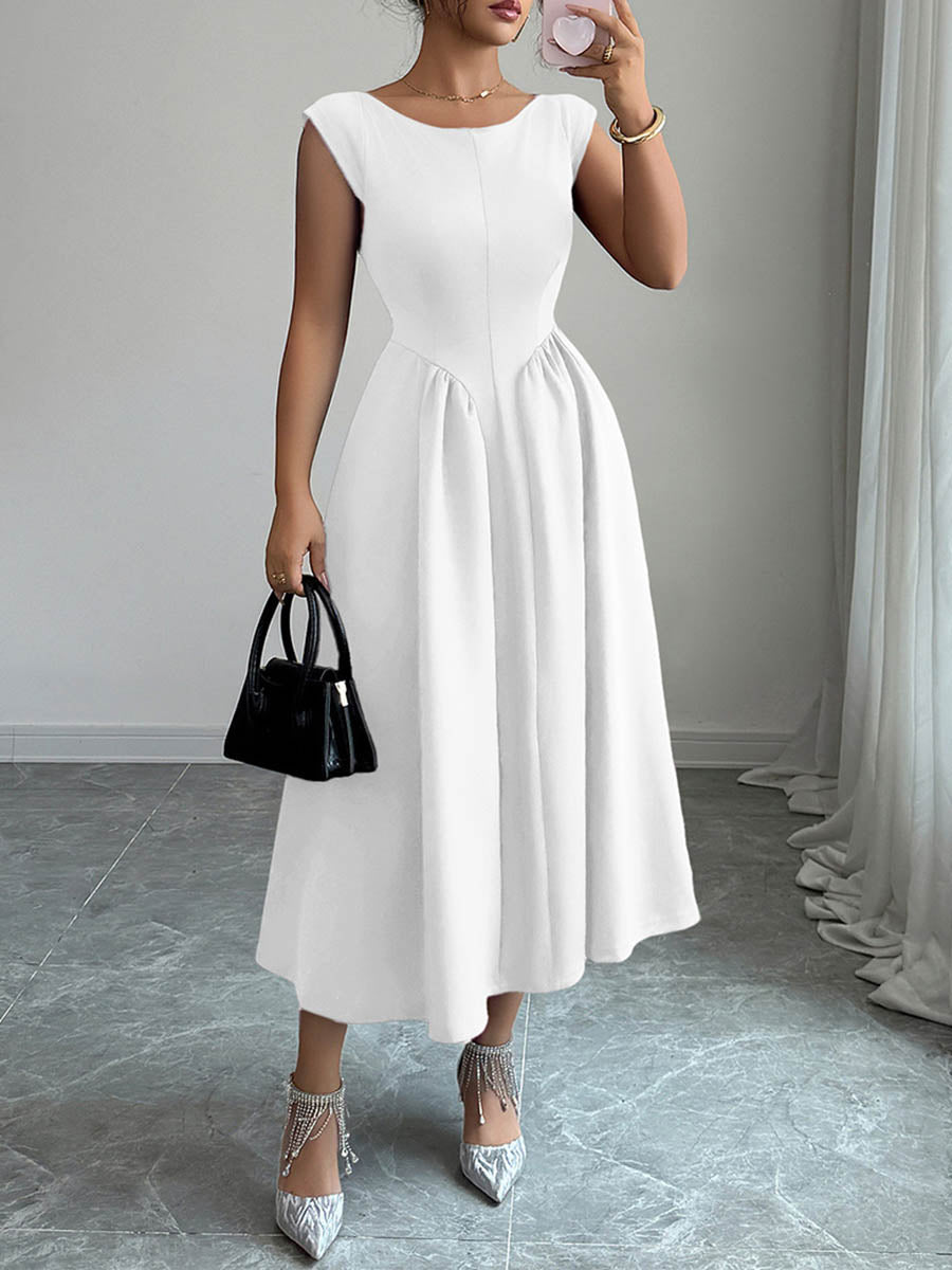A-Line High Waisted Backless Pleated Pockets Solid Color Boat Neck Midi Dresses