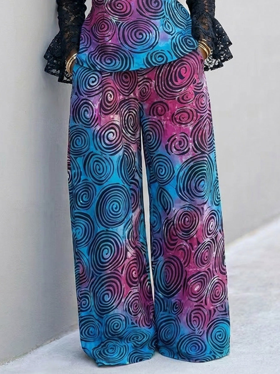 High Waisted Loose Contrast Color Pockets Printed Pants Trousers