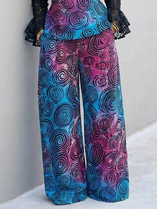 High Waisted Loose Contrast Color Pockets Printed Pants Trousers