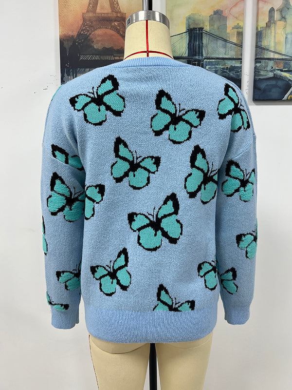 Original Long Sleeves Loose Butterfly Print Contrast Color Round-Neck Sweater Tops