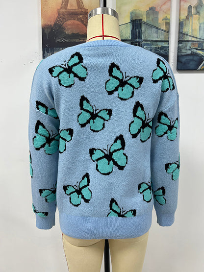 Original Long Sleeves Loose Butterfly Print Contrast Color Round-Neck Sweater Tops