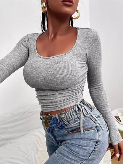 Long Sleeves Skinny Comfort Ribbed Solid Color Round-Neck T-Shirts Tops