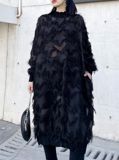 Irregularity Long Sleeves Asymmetric Mesh Pockets See-Through Solid Color Split-Joint Tasseled Stand Collar Midi Dresses