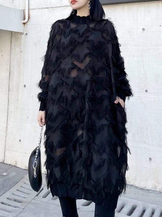 Irregularity Long Sleeves Asymmetric Mesh Pockets See-Through Solid Color Split-Joint Tasseled Stand Collar Midi Dresses