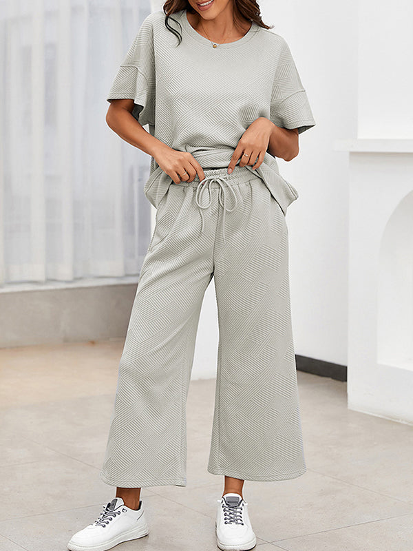 Loose Short Sleeves Solid Color Round-Neck T-Shirt Top + Drawstring Elasticity Pockets Pants Botttom Two Pieces Set