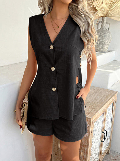 Loose Sleeveless Buttoned Hollow Solid Color V-Neck Vest Top + Pockets Elasticity Shorts Bottom Two Pieces Set