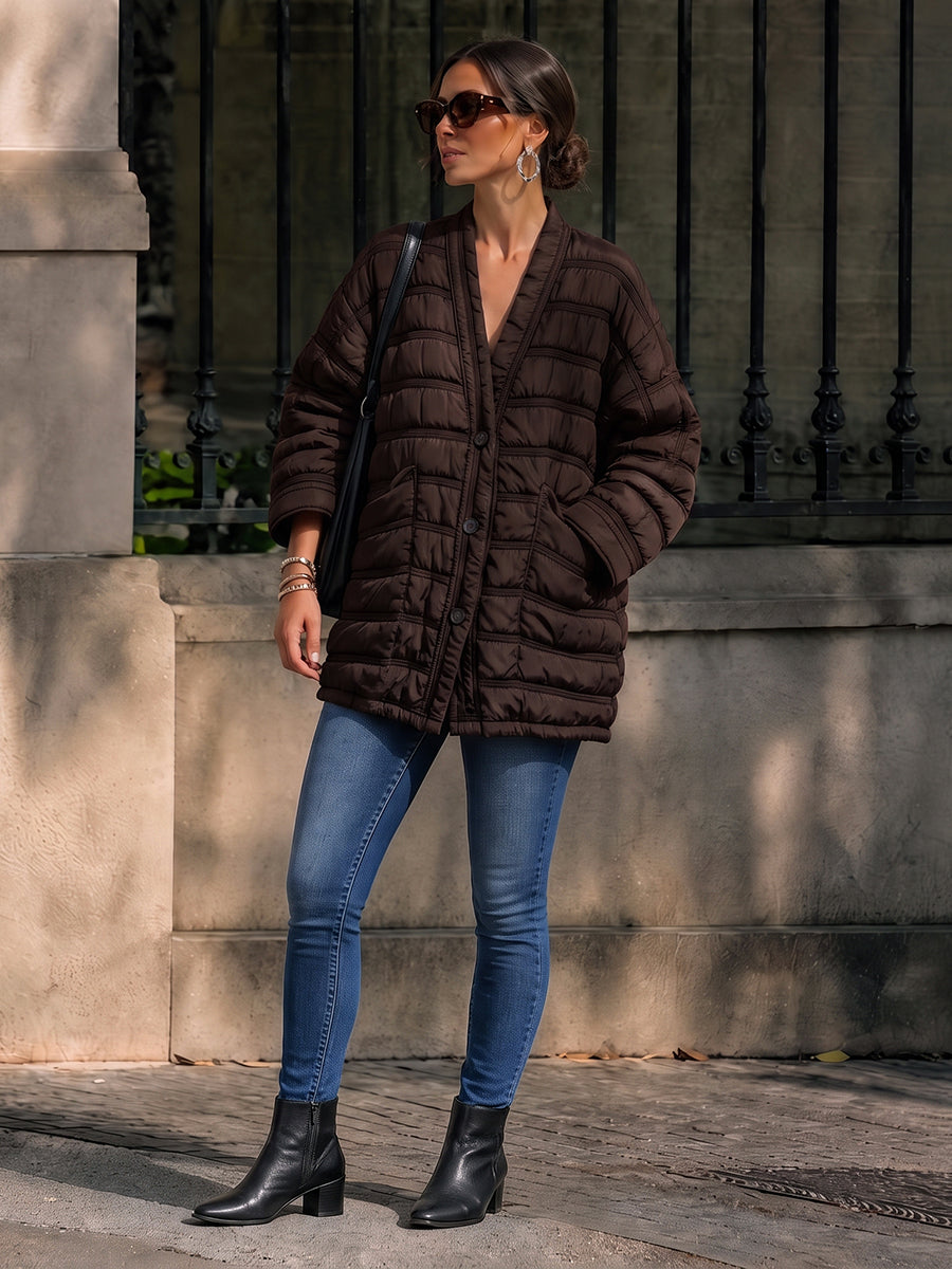 Striped Split-Joint Pockets Pleated Buttoned Loose Long Sleeves V-neck Outerwear Down Coat