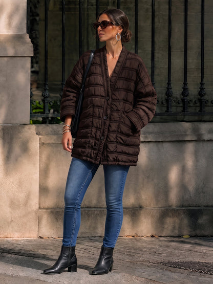 Striped Split-Joint Pockets Pleated Buttoned Loose Long Sleeves V-neck Outerwear Down Coat