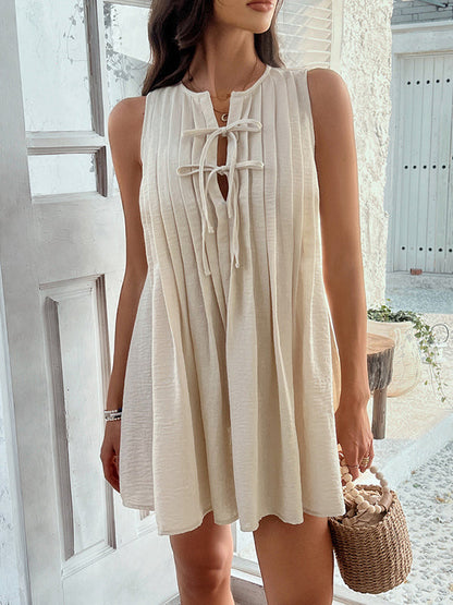 A-Line Loose Pleated Solid Color Tied Round-Neck Mini Dresses Vest Top