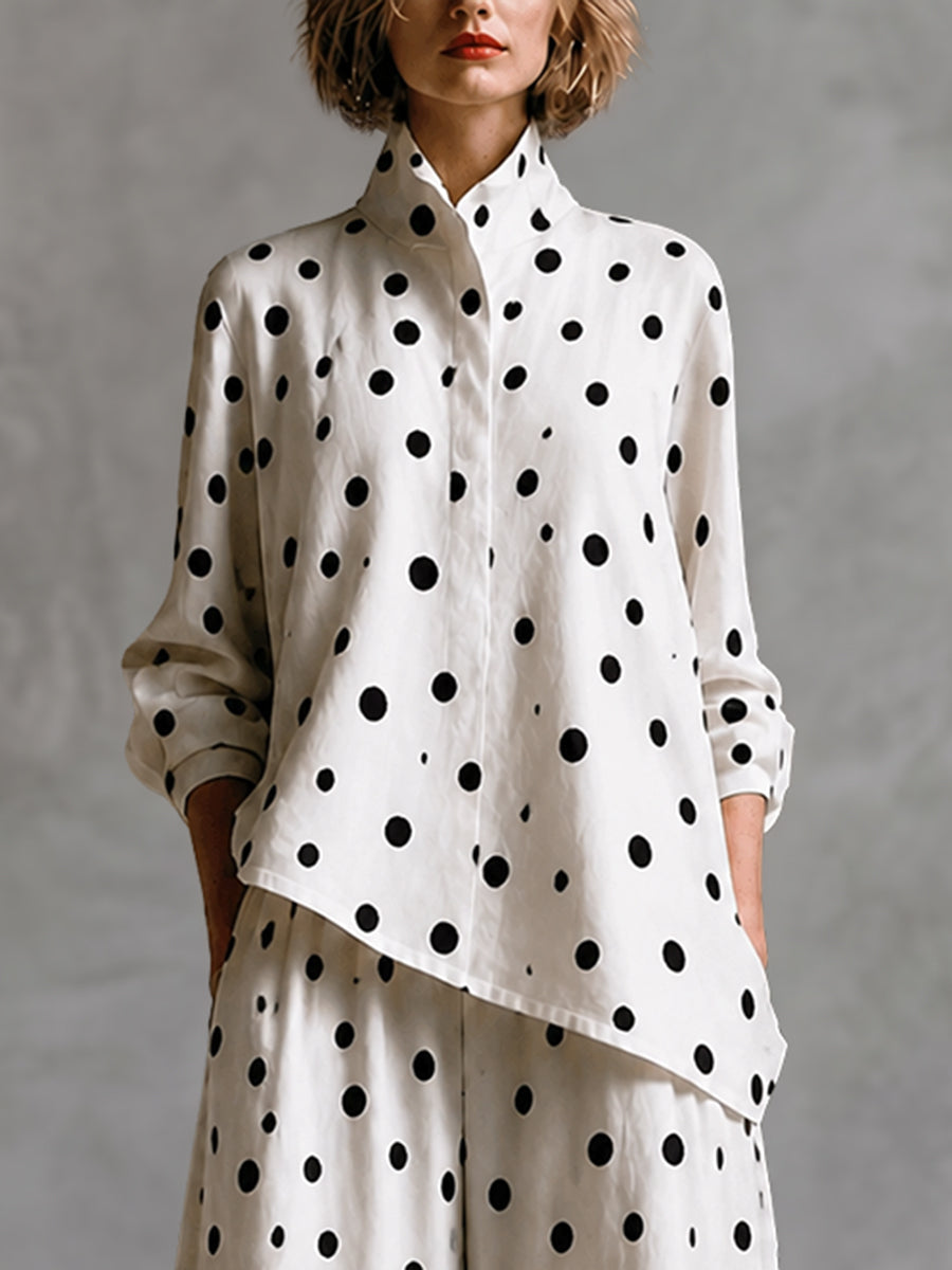 Polka-Dot Contrast Color Asymmetric Loose Long Sleeves Stand Collar Blouses&shirts Tops