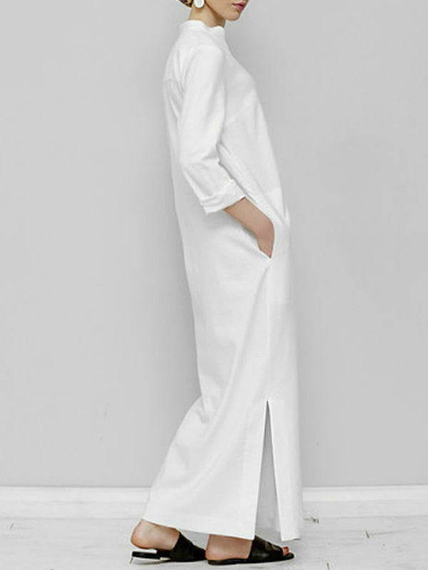 Long Sleeves Loose Solid Color Split-Joint V-Neck Maxi Dresses