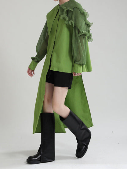 Long Sleeves Loose Asymmetric Pleated Solid Color Split-Joint Falbala Lapel Blouses&Shirts Tops