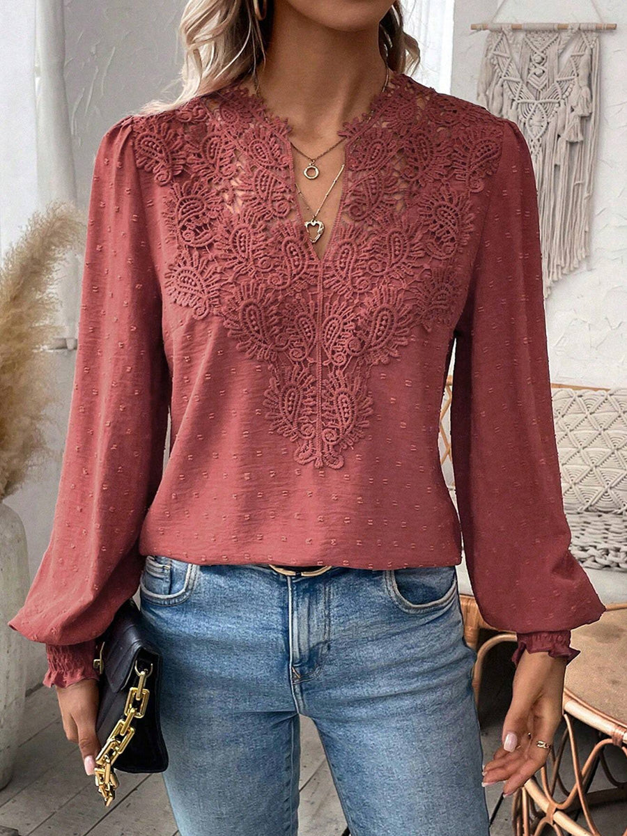 Balloon Sleeves Long Sleeves Embroidered Hollow Solid Color V-Neck Blouses&Shirts Tops