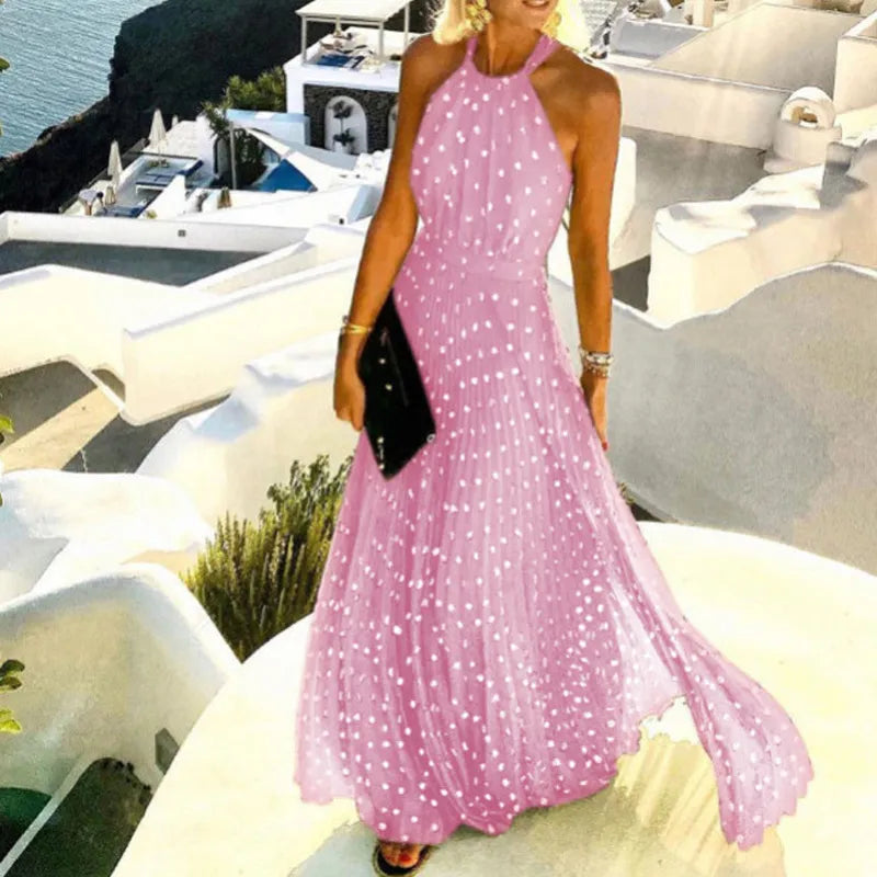 Santorini | Women's Halter Neck Maxi Dress Pleated Boho Print