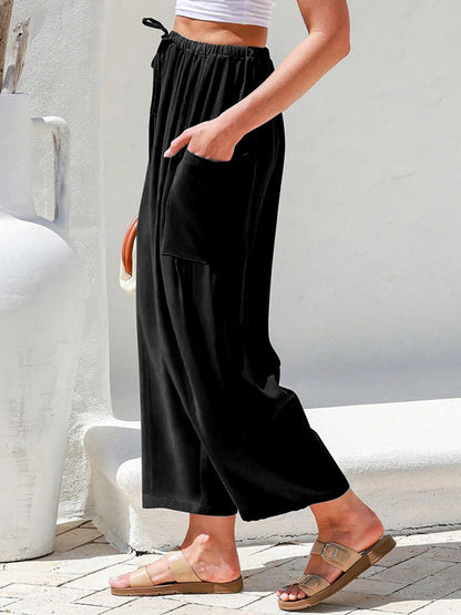 Column Loose Elasticity Pockets Solid Color Casual Pants Bottoms Trousers