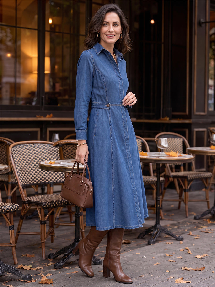 Split-Joint Solid Color Pockets Buttoned Long Sleeves High Waisted Lapel Midi Dresses