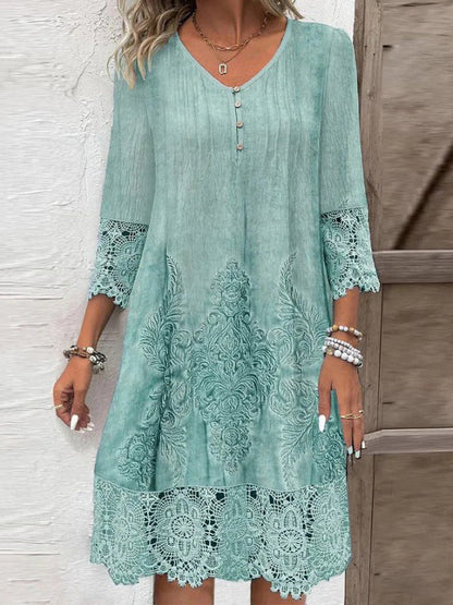 A-Line Long Sleeves Flower-Embellished Buttoned Contrast Color Split-Joint V-Neck Midi Dresses