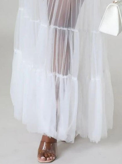 Puff Sleeves Gauze Pleated See-Through Solid Color Split-Joint Tied Waist Lapel Maxi Dresses