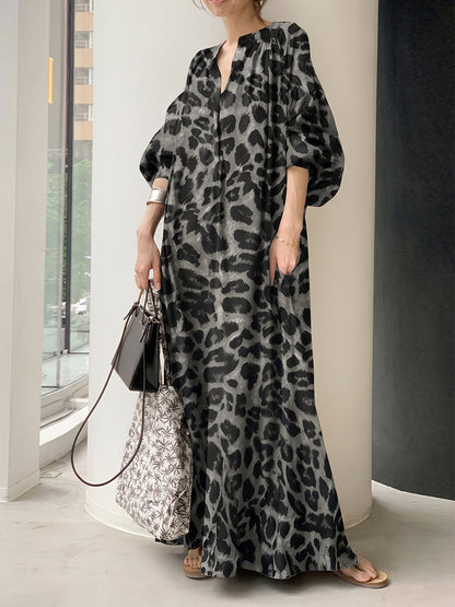 Half Sleeves Loose Contrast Color Leopard Pleated V-Neck Maxi Dresses