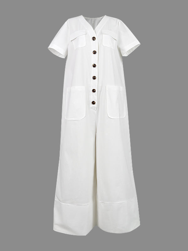 Loose Short Sleeves Buttoned Pockets Solid Color V-Neck Jumpsuits
