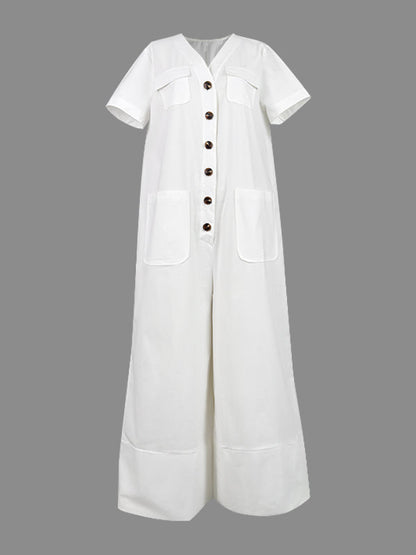 Loose Short Sleeves Buttoned Pockets Solid Color V-Neck Jumpsuits