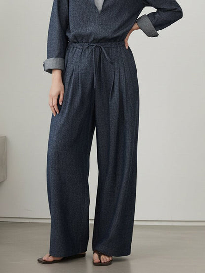 Loose Wide Leg Drawstring Pleated Pockets Solid Color Pants