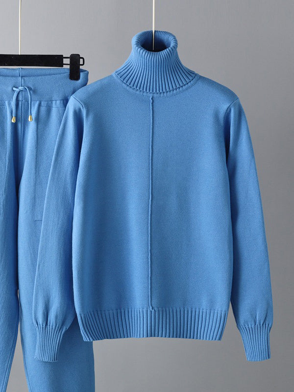 Casual Solid Long Sleeves High-Neck Sweater Tops & Drawstring Wide Leg Pants Suits