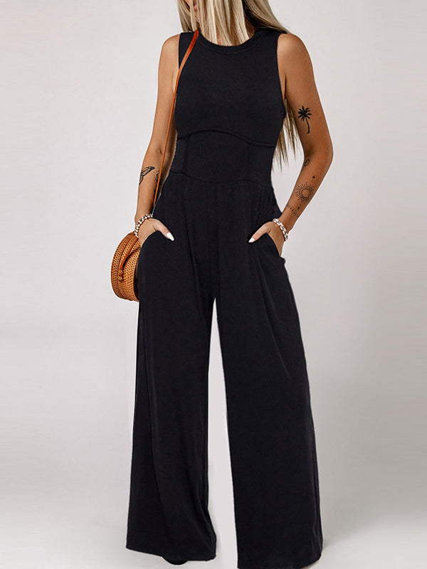 High Waisted Loose Pockets Solid Color Round-Neck Jumpsuits BLACK