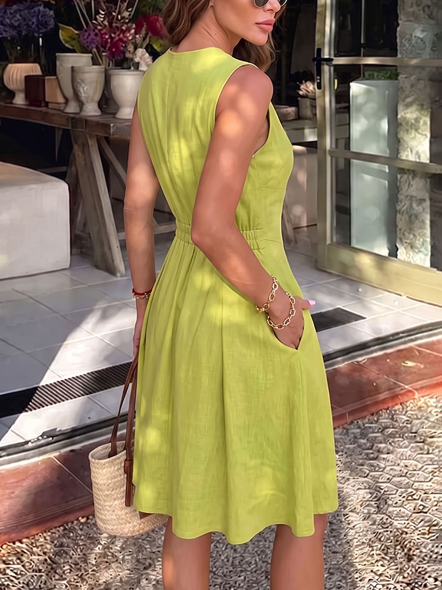 Zipper Solid Color Pockets Pleated Sleeveless A-Line Round-Neck Mini Dresses