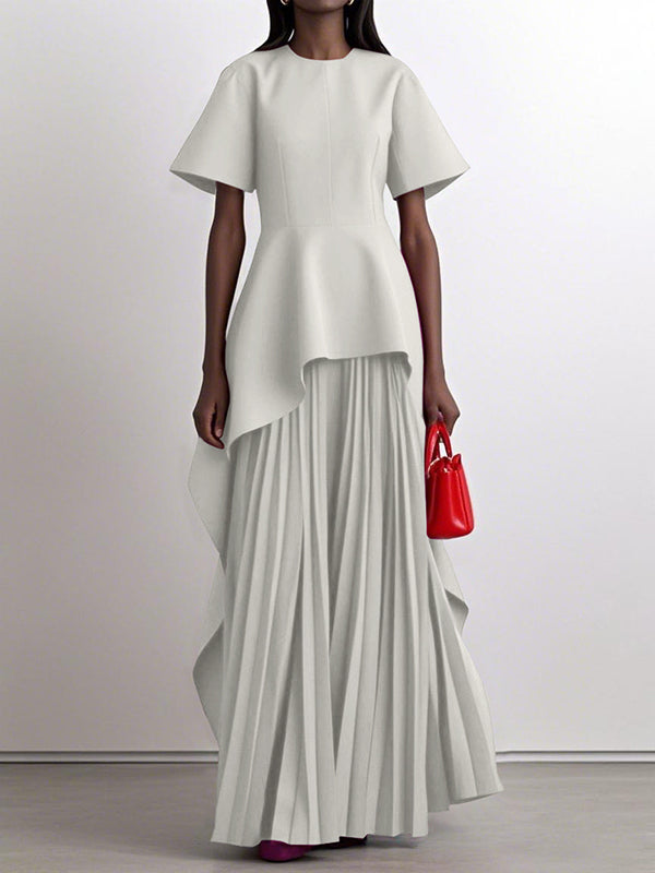 Split-Joint Solid Color Pleated Short Sleeves Loose Round-Neck Maxi Dresses