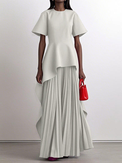 Split-Joint Solid Color Pleated Short Sleeves Loose Round-Neck Maxi Dresses