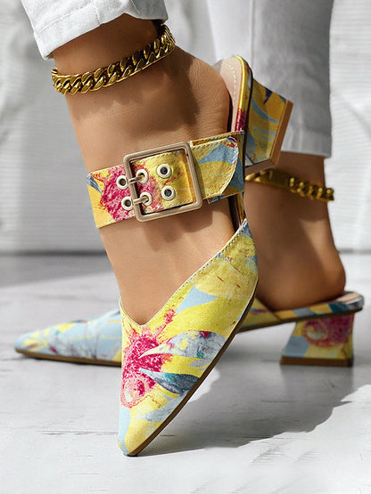 Belt Buckle Floral Printed Pointed-Toe Split-Joint Pumps Sandals