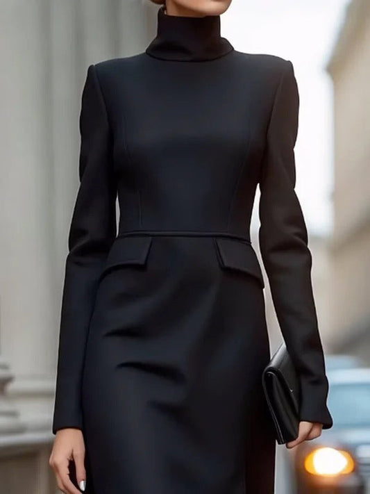 Long Sleeves Skinny Solid Color High Neck Midi Dresses