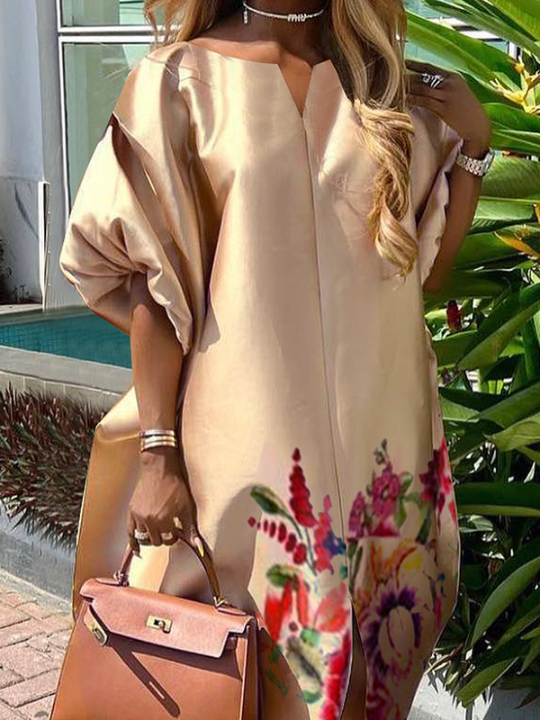 Robe longue trapèze à manches mi-longues et col en V, avec imprimé floral et fente sur le devant 