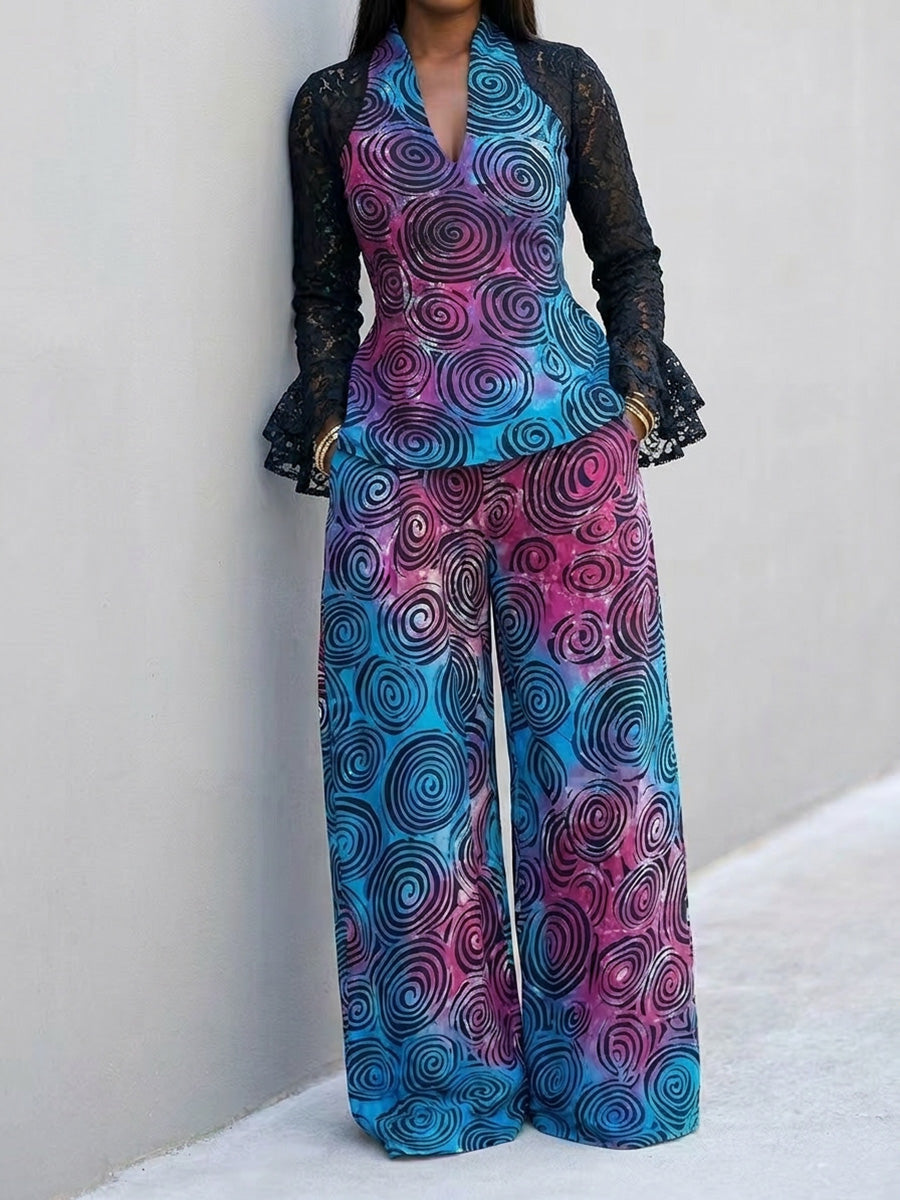 Flared Sleeves Long Sleeves Contrast Color Printed See-Through Split-Joint V-Neck Blouses&Shirts Tops