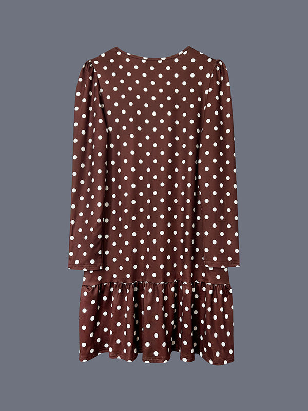 A-Line Long Sleeves Contrast Color Pleated Polka-Dot Split-Joint Round-Neck Midi Dresses