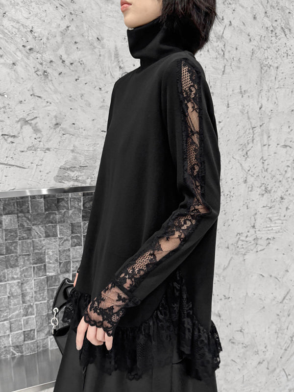 Hipster Long Sleeves See-Through Split-Joint High Neck T-Shirts Tops