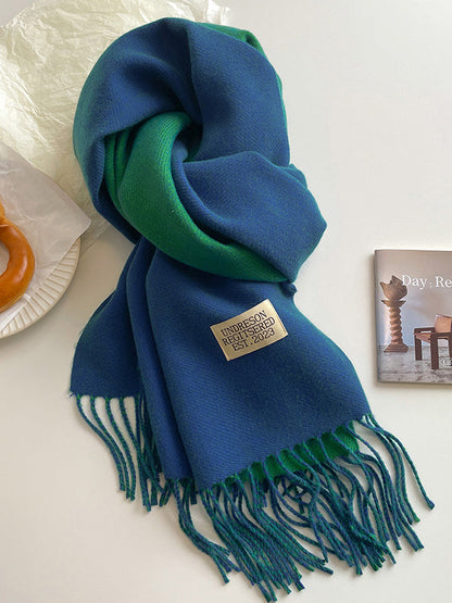 Keep Warm Tasseled Shawl&Scarf BLUE GREEN One_size