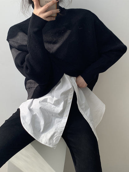 Long Sleeves Asymmetric Solid Color Split-Front High-Neck Knitwear Pullovers Sweater