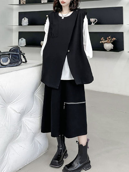 Débardeur ample sans manches à col rond et fermeture éclair asymétrique 