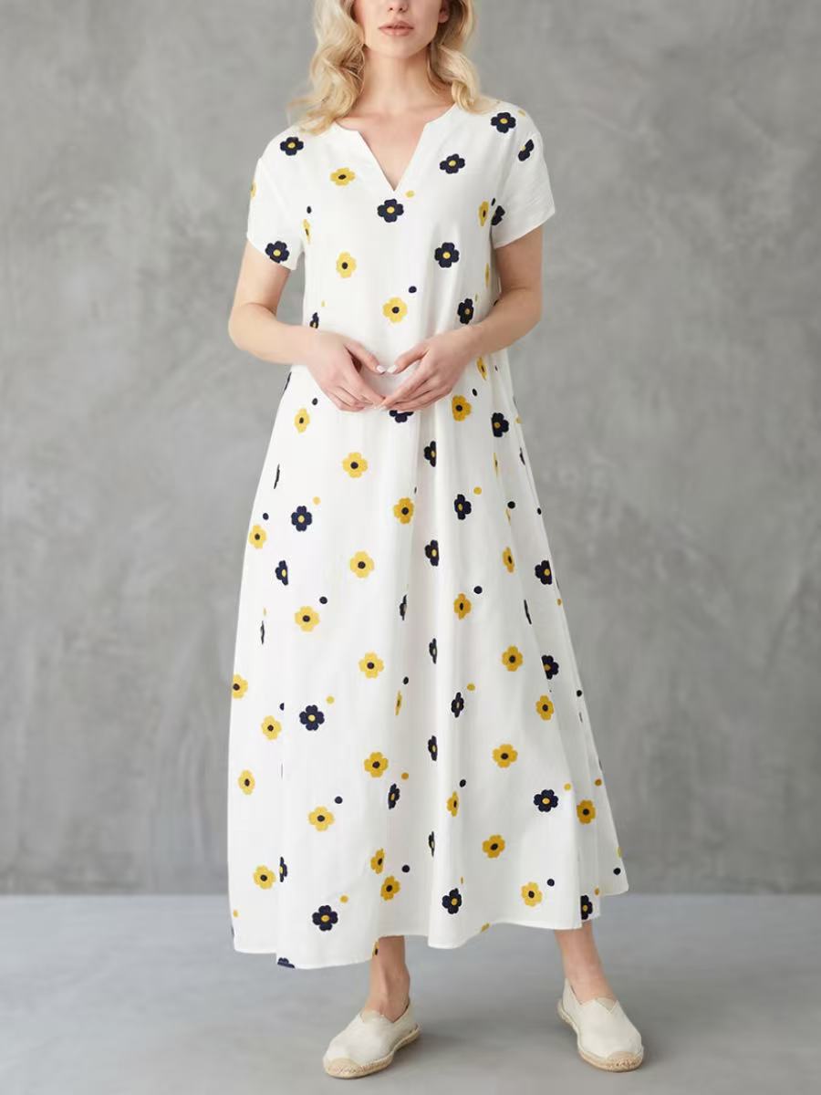 A-Line Loose Contrast Color Floral Printed V-Neck Maxi Dresses