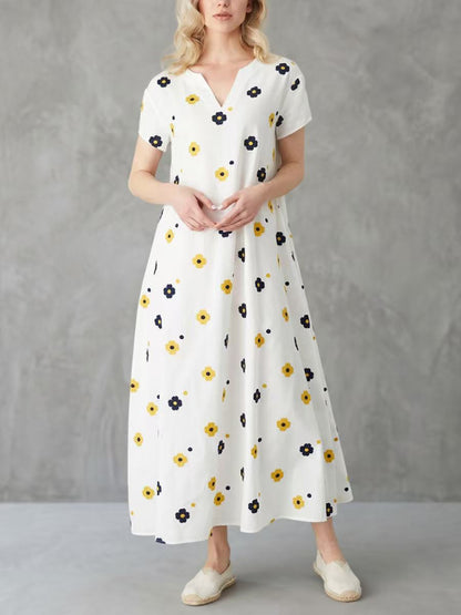 A-Line Loose Contrast Color Floral Printed V-Neck Maxi Dresses