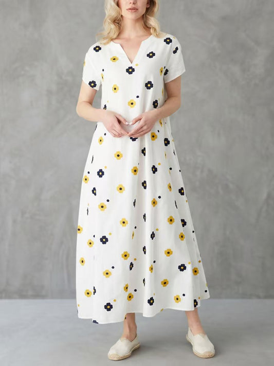 A-Line Loose Contrast Color Floral Printed V-Neck Maxi Dresses