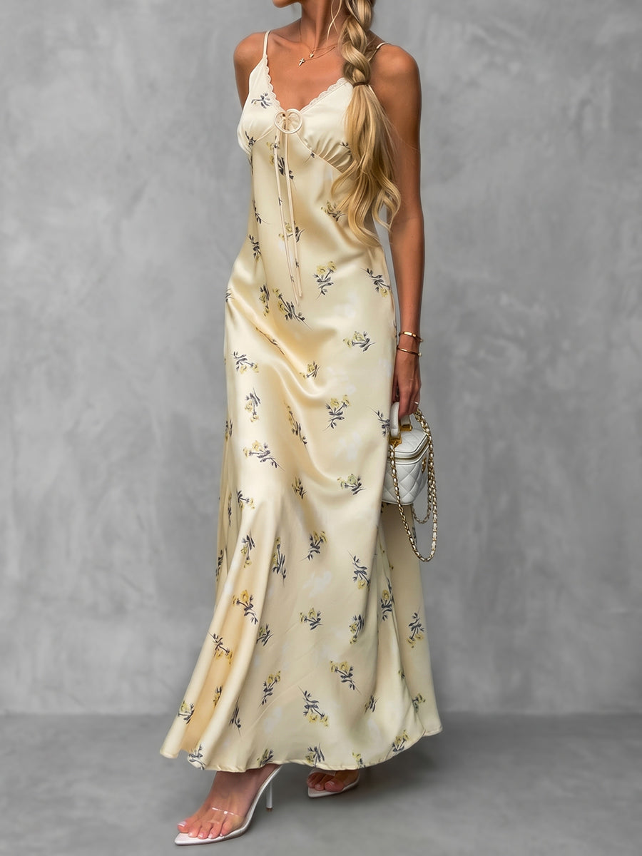A-line Sleeveless Flower Print Pleated Tied Spaghetti-Neck Maxi Dresses