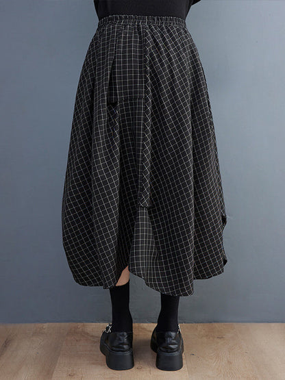 Loose Irregular Clipping Plaid Asymmetric Elasticity Skirts Bottoms